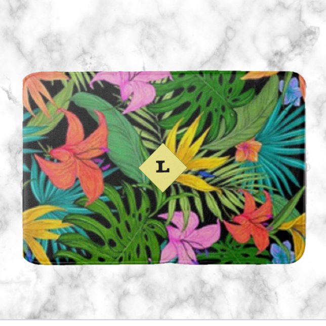 Tapis De Bain Fleurs botaniques tropicales violettes et vertes (Créateur téléchargé)