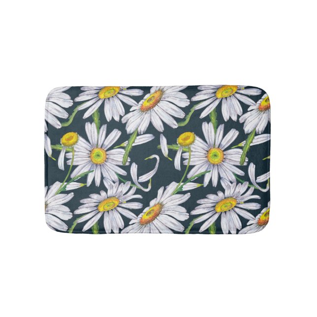Tapis De Bain Fleurs chamomiles : Aquarelle bleu foncé. (Devant)