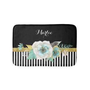 Tapis De Bain Fleurs chics de menthe d'or avec les rayures
