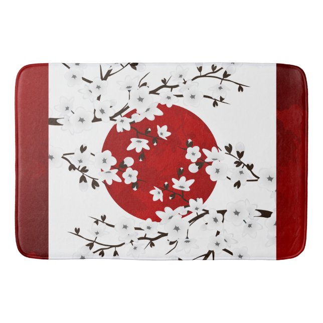 Tapis De Bain Fleurs de cerisiers rouges noirs et blancs Soleil  (Devant)