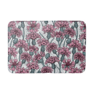 Tapis De Bain Fleurs de maïs roses, fleurs sauvages sur blanc