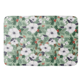 Tapis De Bain Fleurs de Noël blanches et motif de baies rouges