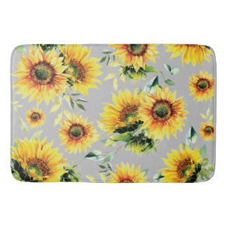 Tapis De Bain Fleurs de soleil d'aquarelle sur le bain gris