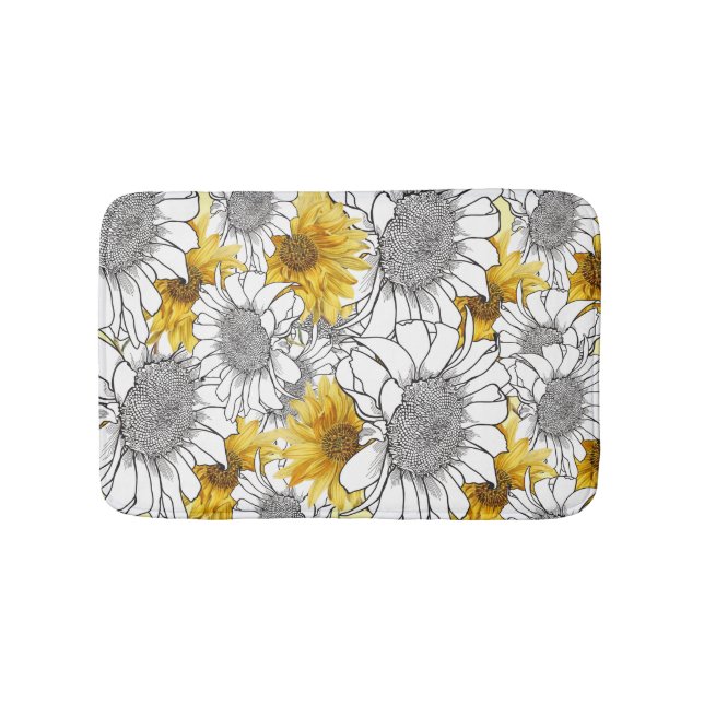 Tapis De Bain Fleurs de soleil Jaune et Noir et Blanc (Devant)