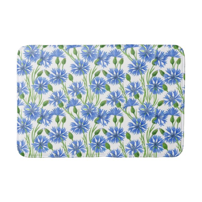 Tapis De Bain Fleurs d'eau bleu, fleurs sauvages sur blanc (Devant)