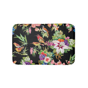 Tapis De Bain Fleurs d'oiseaux sauvages : Noir Vintage