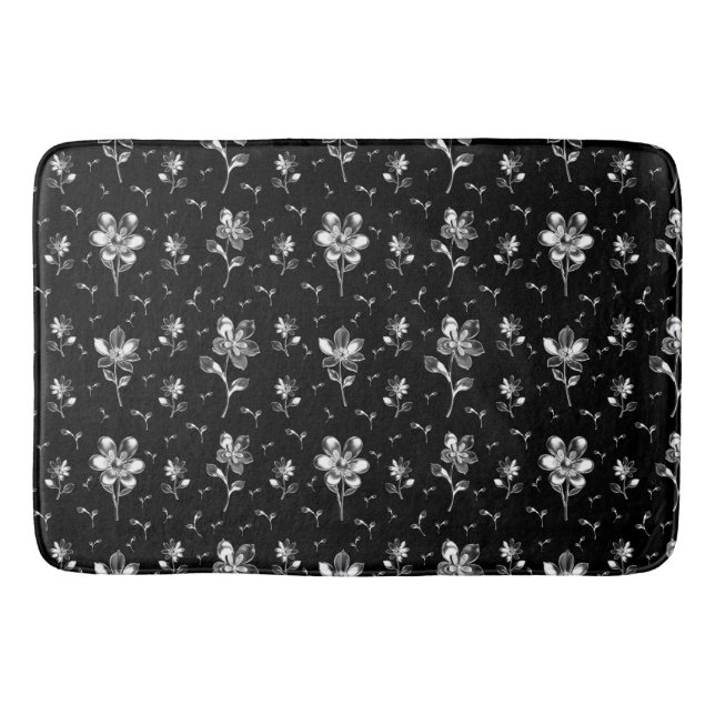 Tapis De Bain Fleurs Et Foliage Floral Noir Et Argent (Devant)