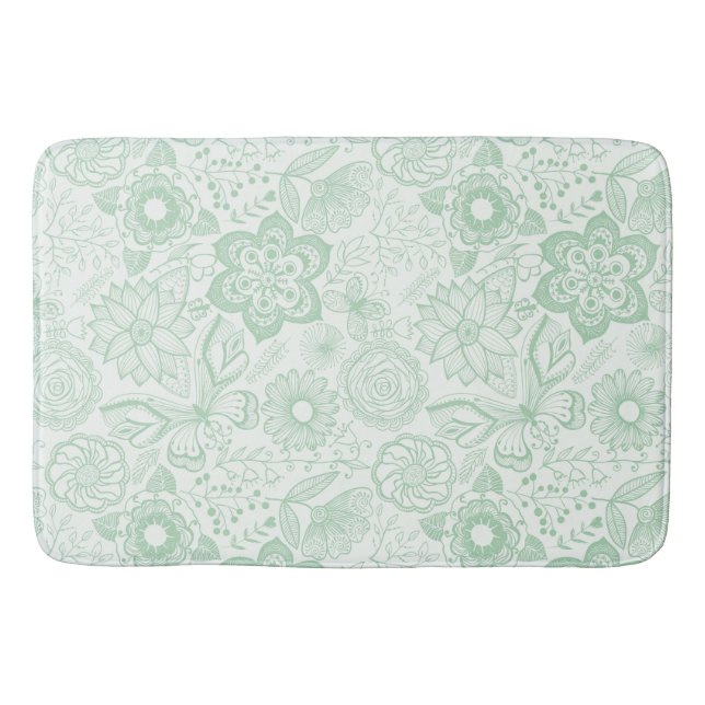 Tapis De Bain Fleurs et papillons rétro verts et blancs (Devant)
