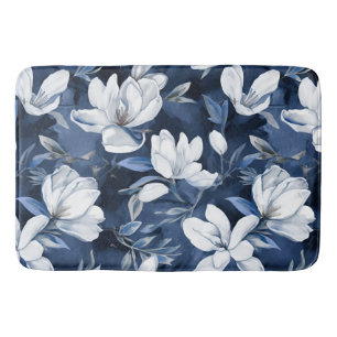 Tapis De Bain Fleurs Magnolia Blanches, Arrière - plan Bleu