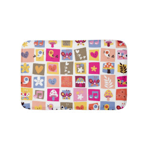Tapis De Bain fleurs mignonnes, oiseaux, motif de carrés de