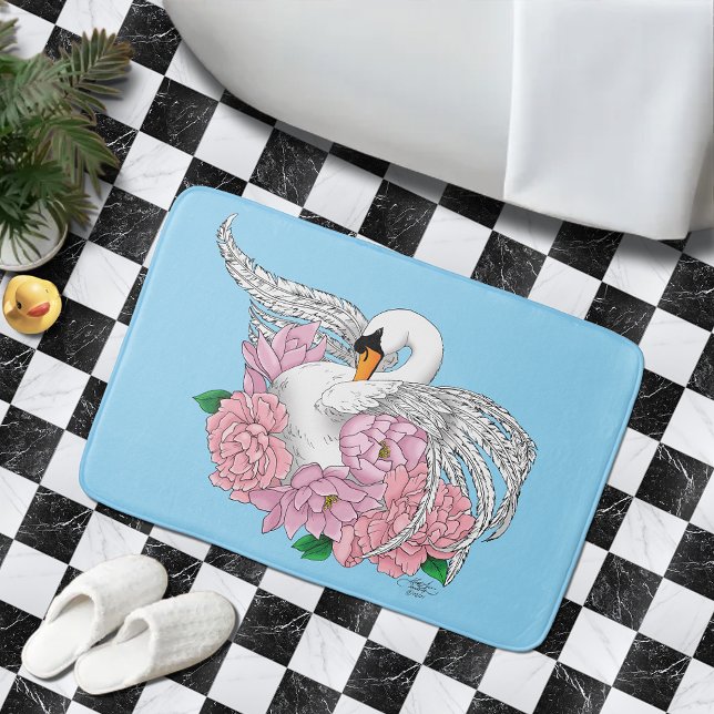 Tapis De Bain Fleurs roses cygnes blanches (Créateur téléchargé)