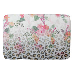 Tapis De Bain Fleurs roses Empreintes de léopard noires en argen