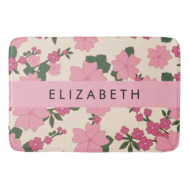 Tapis De Bain Fleurs Roses, Motif De Fleurs, Votre Nom (Devant)