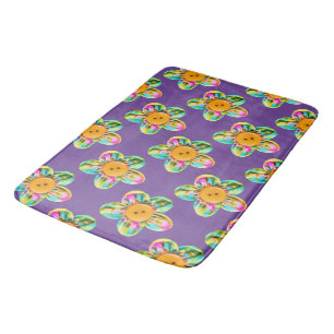 Tapis De Bain Fleurs roses, violettes, jaunes sur violet