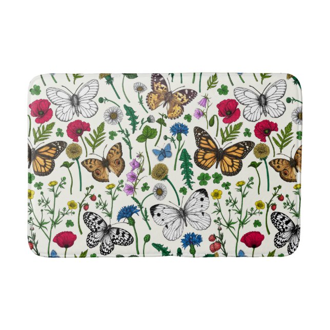 Tapis De Bain Fleurs sauvages et papillons sur blanc (Devant)