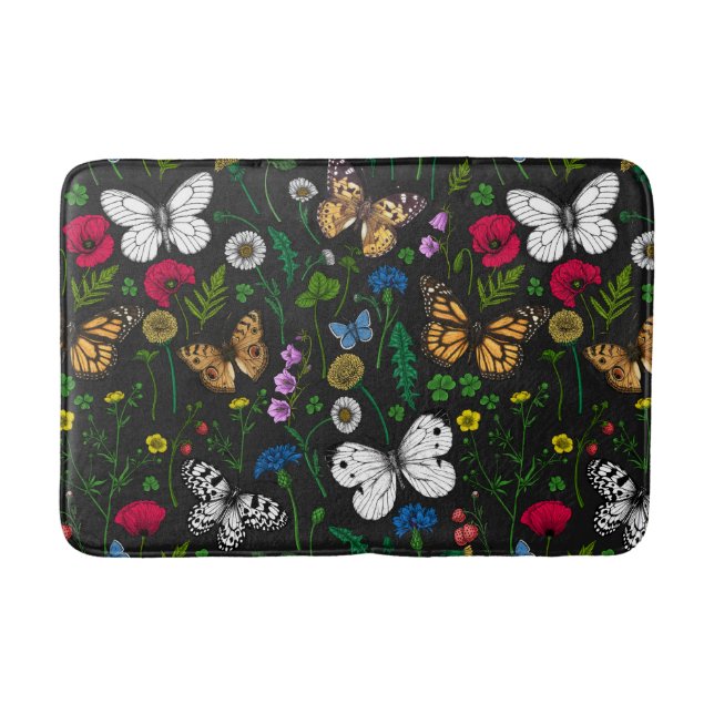 Tapis De Bain Fleurs sauvages et papillons sur le noir (Devant)