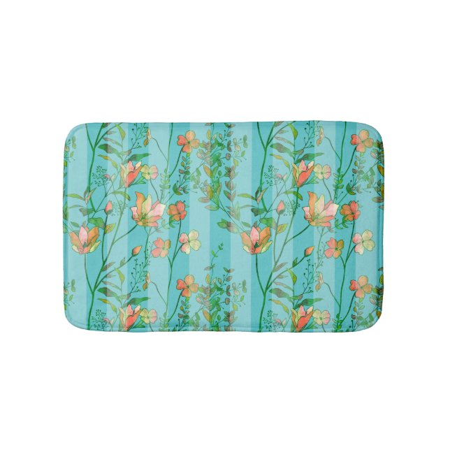 Tapis De Bain Fleurs sur l'arrière - plan rayé bleu (Devant)