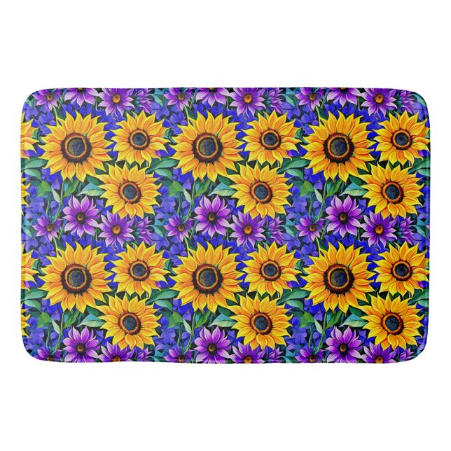 Tapis De Bain Fleurs violettes et tournesols jaunes Floral (Devant)