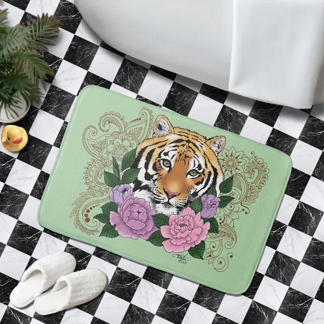 Tapis De Bain Fleurs violettes roses au henné de tigre (Créateur téléchargé)