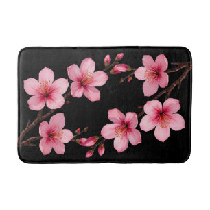 Tapis De Bain Floral Aquarelle Cerisier Fleurs rose Noir