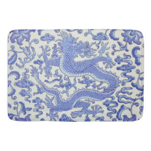 Tapis De Bain Floral de dragon oriental chinois bleu et blanc