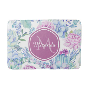 Tapis De Bain Floral succulent pourpre et bleu élégant avec le