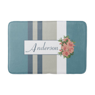 Tapis De Bain Floral Turquoise moderne bleu et bronzé