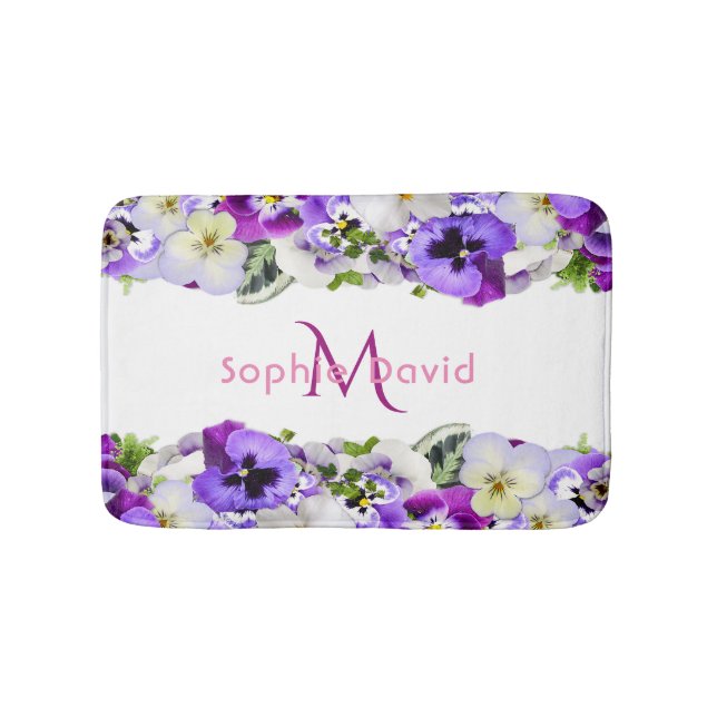 Tapis De Bain Flores violets blanc monogramme élégant (Devant)