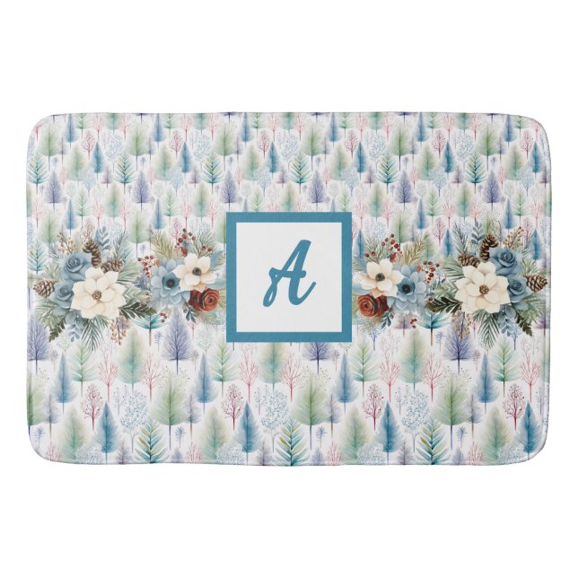 Tapis De Bain Forêt Florale Bleue d'hiver (Devant)