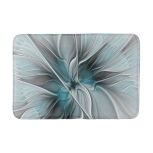 Tapis De Bain Fractal Floral Moderne Abstrait Fleur Bleu Gris