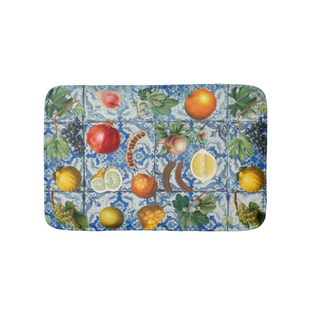 Tapis De Bain Fruit d'été méditerranéen & Mosaïque Bleue Blanc (Devant)