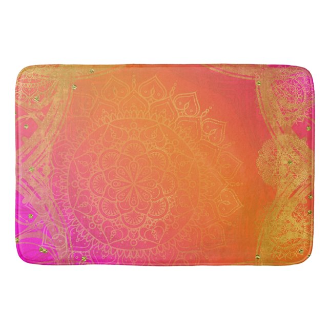 Tapis De Bain Fuchsia Pink Orange & Gold Indian Mandala Glam (Devant)