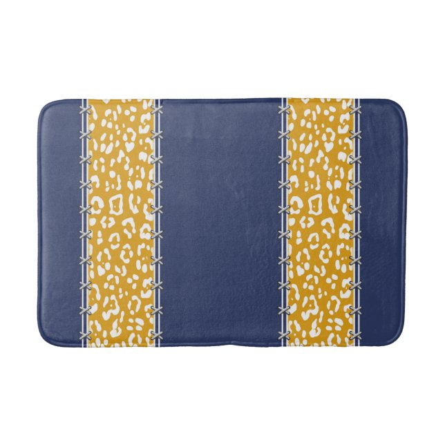 Tapis De Bain Géopard, bleu marine, blanc, jaune moutarde, cousu (Devant)