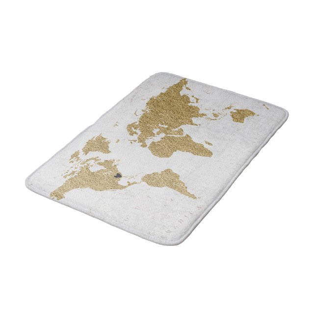 Tapis De Bain Gold Foil World Map Custom Moveable Heart Location (Angle)