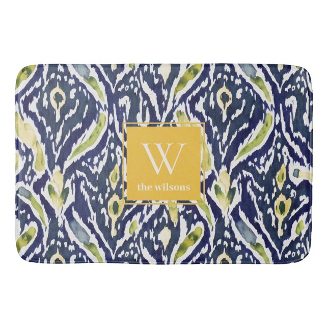 Tapis De Bain Gras bleu jaune Abstrait Ikat Monogramme (Devant)