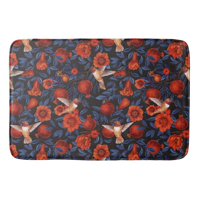 Tapis De Bain Grenade et colibris/feuilles bleus sur noir (Devant)