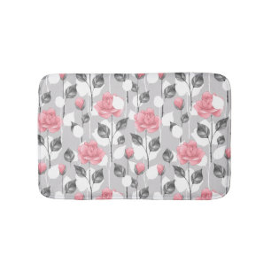 Tapis De Bain Gris et rose. Motif floral