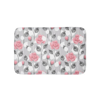 Tapis De Bain Gris et rose. Motif floral