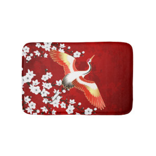 Tapis De Bain Grue japonaise Fleur de cerisier blanche Rouge