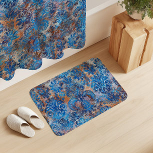 Tapis De Bain Grunge Damask Bleu Cobalt Rouille Orange