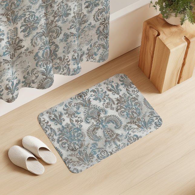 Tapis De Bain Grunge Damask Taupe Sky Blue Cream Grey (Créateur téléchargé)