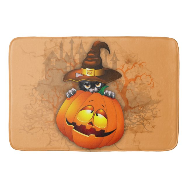 Tapis De Bain Halloween Cute Kitty Witch et ami Citrouille (Devant)