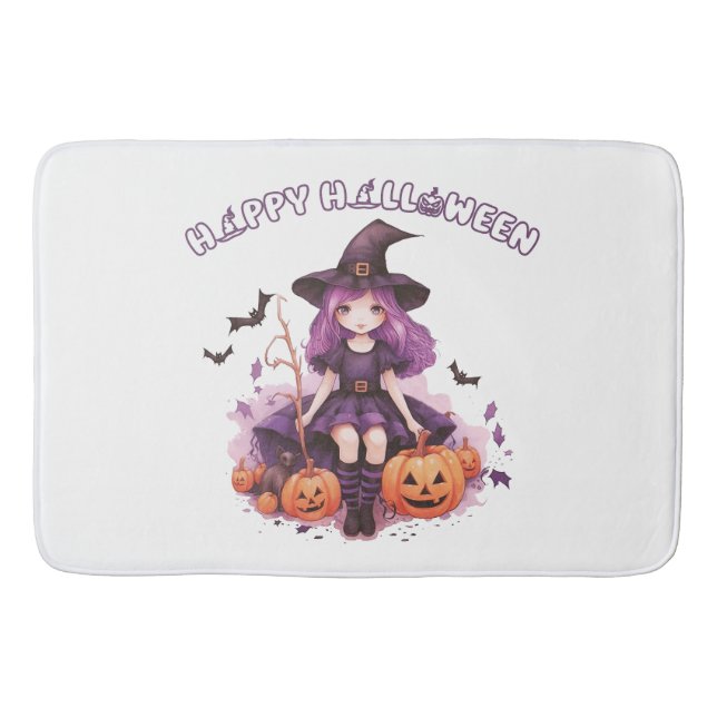 Tapis De Bain Happy Halloween violet sorcière Citrouilles et cha (Devant)