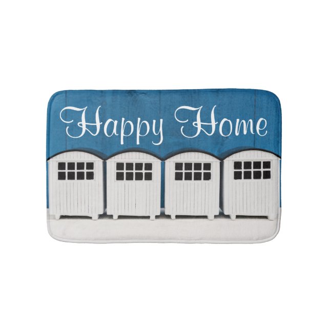 Tapis De Bain Happy Home Summer Beach cabines en bleu et blanc (Devant)