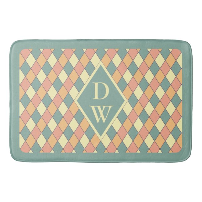 Tapis De Bain Harlequine vintage diagonale en pastels avec monog (Devant)