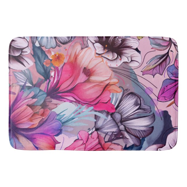 Tapis De Bain Hello Spring Happiness Time, aquarelle florale (Devant)