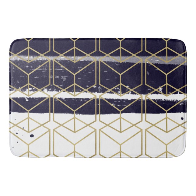 Tapis De Bain Hexagon Modern Marine Blue Gold Glam géométrique (Devant)