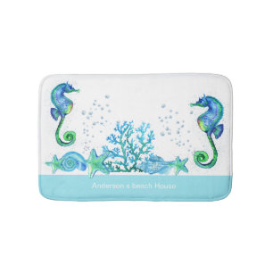 Tapis De Bain Hippocampe nautique Personnalisé Aqua Turquoise &
