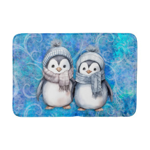 Tapis De Bain Hiver Bleu Aquarelle Pingouins Écarts Casquette