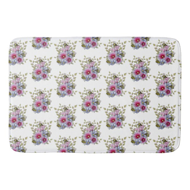 Tapis De Bain Hollyhocks and Blue Flowers with Bumble BEES (Devant)